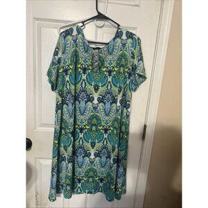 Ellen Weaver Dress Women 3X Blue Green Floral Midi Drape Three Quarter Sleeve